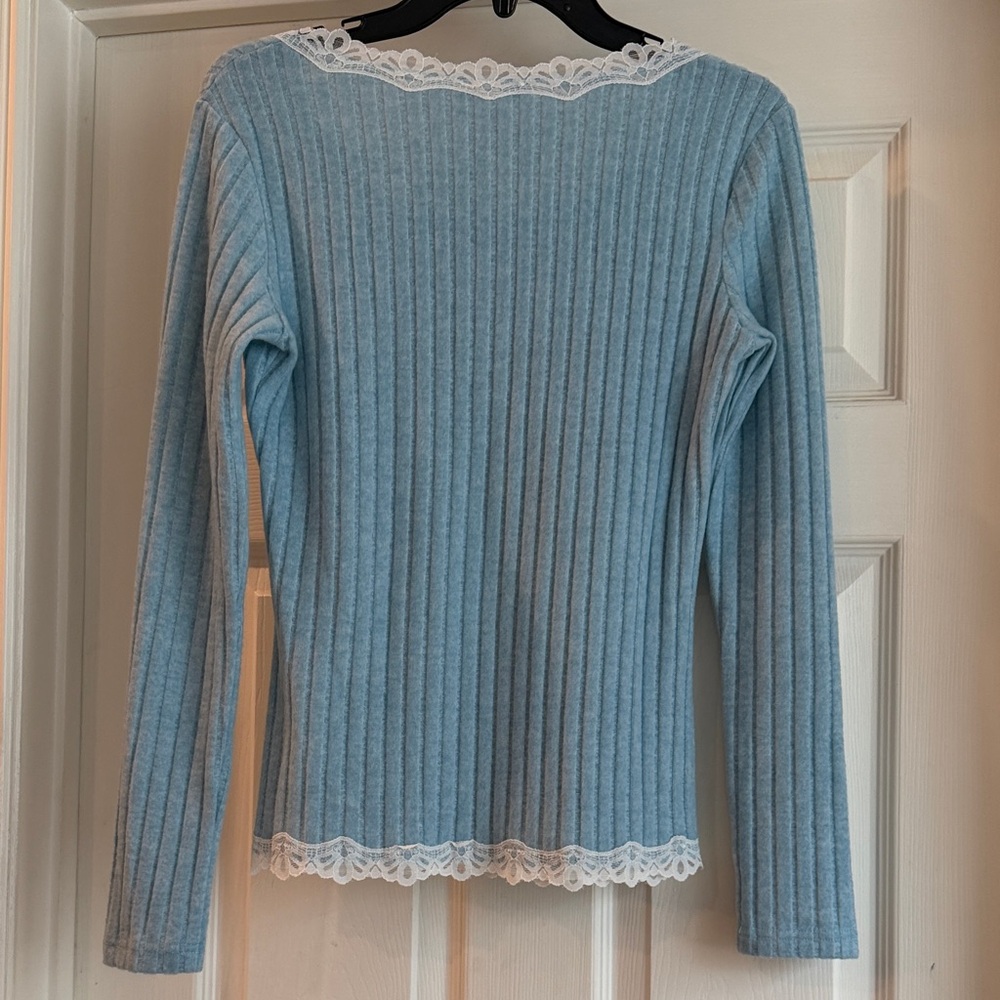 Flamingals NWT Sky Blue Lace Trim Ribbed Blouse - Picture 3 of 5